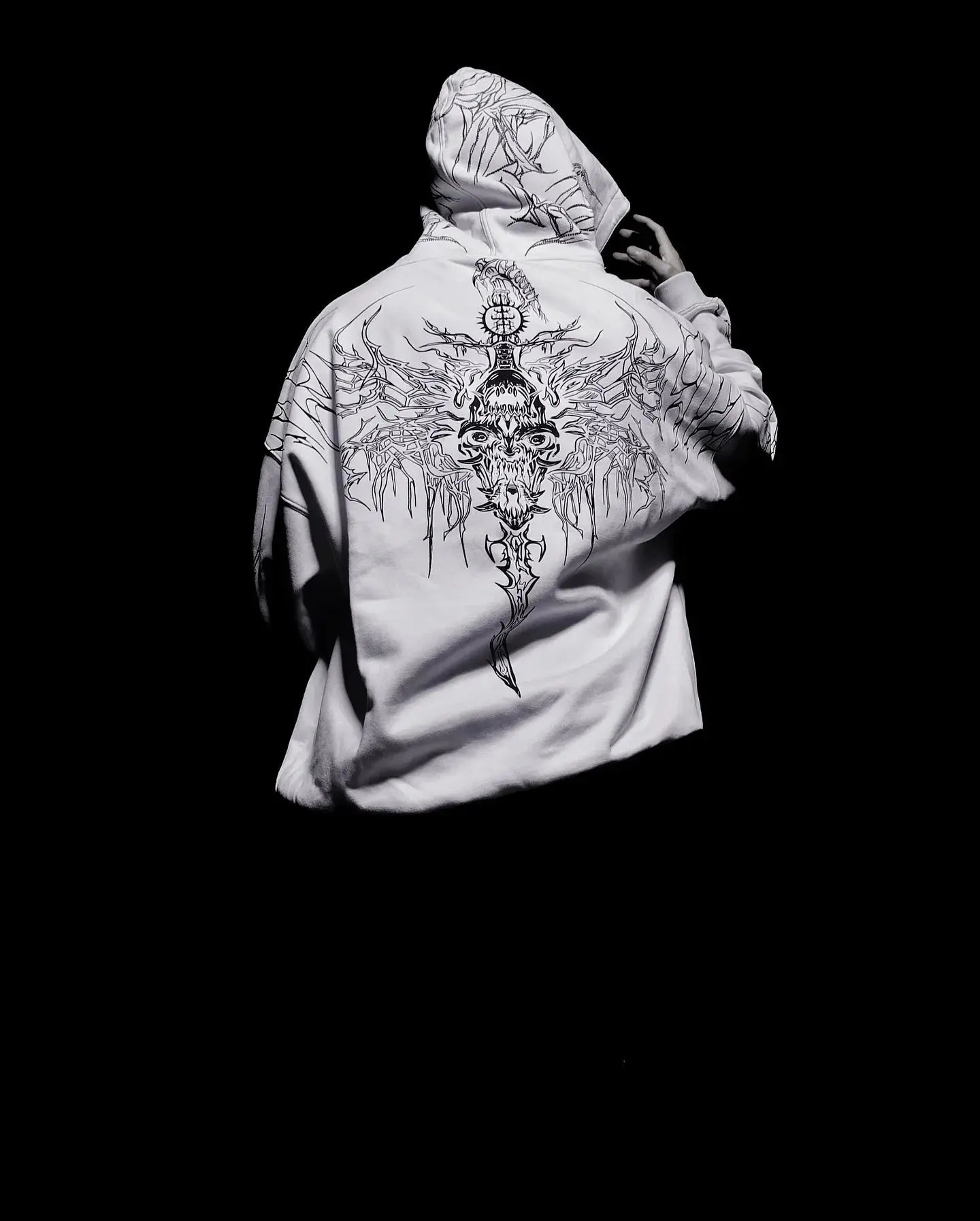 Y2K Harajuku Gothic Style White Oversized Hoodie with Intricate Skull Graphic Print Elaborate Holy Writ Script Design Streetwear - Ghost District