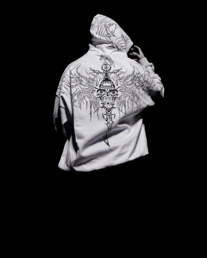 Y2K Harajuku Gothic Style White Oversized Hoodie with Intricate Skull Graphic Print Elaborate Holy Writ Script Design Streetwear - Ghost District