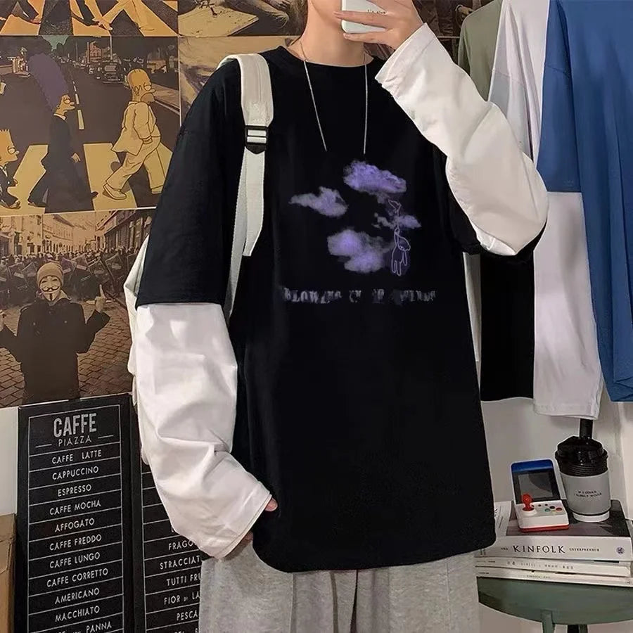 Men T Shirts autumn men Clothes anime casual Long Sleeved Oversized Y2K T-Shirt Harajuku Streetwear Academia Hip Hop tee tops Ghost District