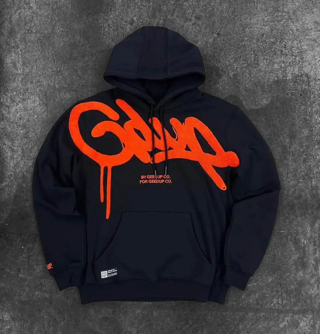 Y2K Mens Black Hoodie with White Angel Spike Graphic Street Punk Style Long Sleeve Pullover Trendy Heavy Metal Fashion - Ghost District