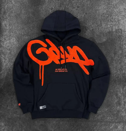 Y2K Mens Black Hoodie with White Angel Spike Graphic Street Punk Style Long Sleeve Pullover Trendy Heavy Metal Fashion - Ghost District