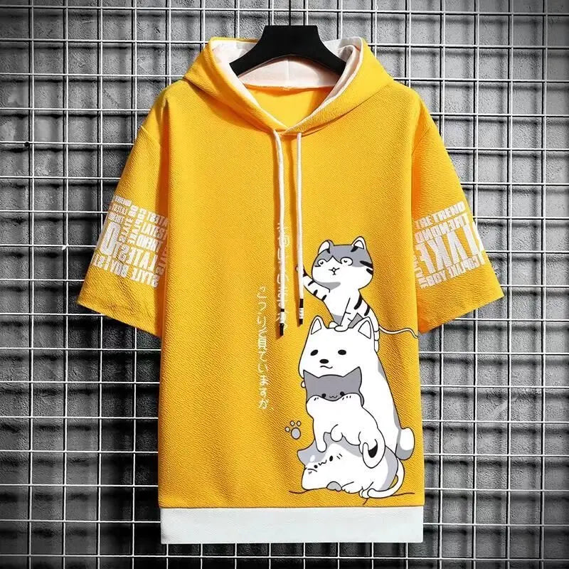 Japan Fashion Men's Hoodies Summer Men Clothing Cartoon Casual Harajuku Streetwear Print Hooded Top Short Sleeve Sweatshirts Men Ghost District
