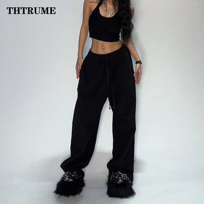 Casual Women Solid New Pant Fashion Summer Oversized Vintage Pocket Drawstring Wide Leg Pants Elegant Loose Baggy Chic Trousers Ghost District