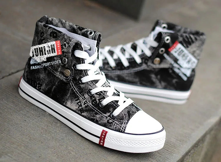 Print Denim Shoes for Men High Top Canvas Shoes Lace-up Flat Street Hip Hop Men Shoes Western Male Cowboy Boots Tenis Masculino - Ghost District