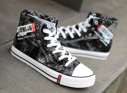 Print Denim Shoes for Men High Top Canvas Shoes Lace-up Flat Street Hip Hop Men Shoes Western Male Cowboy Boots Tenis Masculino - Ghost District