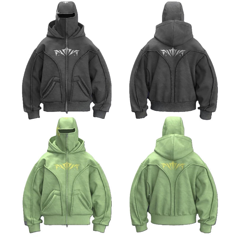 Y2K Ninja Hoodie Gothic Trendy Double Hat Design Functional Streetwear Vintage High Street Men Women Oversized Casual Pullover Ghost District