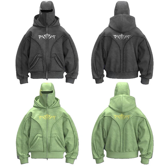 Y2K Ninja Hoodie Gothic Trendy Double Hat Design Functional Streetwear Vintage High Street Men Women Oversized Casual Pullover Ghost District