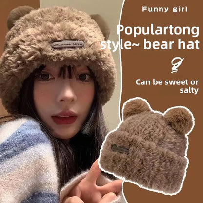 Cute Bear Knit Hat for Women Winter Thickened Fluffy Warm Fleece Beanie Oversized Head Wrap Chunky Crochet Cap Autumn Winter - Ghost District