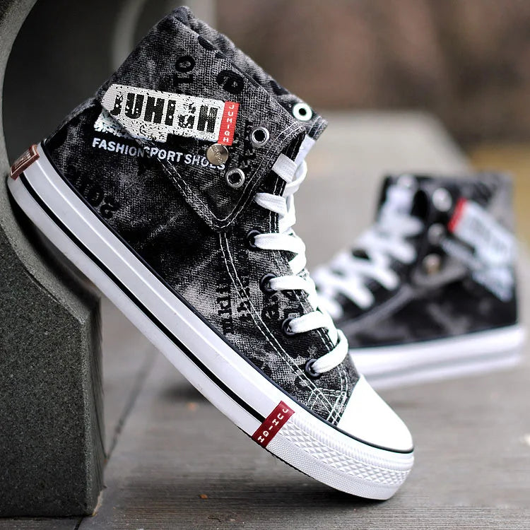 Print Denim Shoes for Men High Top Canvas Shoes Lace-up Flat Street Hip Hop Men Shoes Western Male Cowboy Boots Tenis Masculino - Ghost District