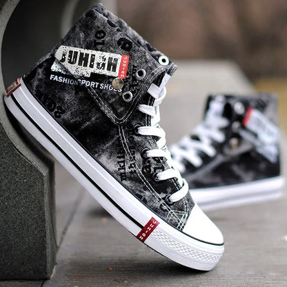 Print Denim Shoes for Men High Top Canvas Shoes Lace-up Flat Street Hip Hop Men Shoes Western Male Cowboy Boots Tenis Masculino - Ghost District