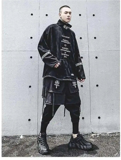 HKSH Fake Two Pieces Embroidered Legged Overalls High Street Hip Hop Dark Techwear Autumn Winter New Cargo Pants Trendy HK2900 Ghost District