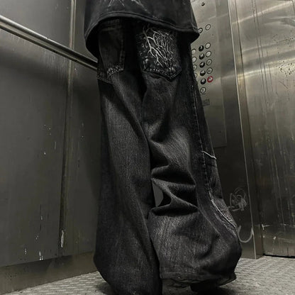 Gothic Retro Oversized Baggy Fit Unisex Mopping Pants Y2K Phantom Jeans High Street Spider Embroidered Patch Hip Hop Streetwear Ghost District