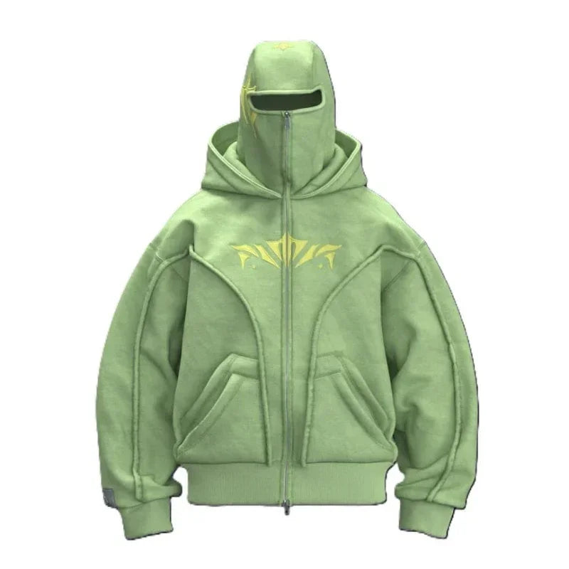 Y2K Ninja Hoodie Gothic Trendy Double Hat Design Functional Streetwear Vintage High Street Men Women Oversized Casual Pullover Ghost District