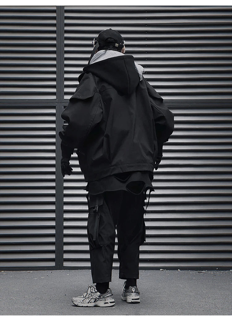 Unisex High Street Functional Cargo Jacket Techwear Fake two-piece Tactical Windbreaker Coats Streetwear Men's clothing Oversize - Ghost District