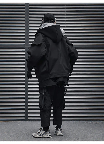 Unisex High Street Functional Cargo Jacket Techwear Fake two-piece Tactical Windbreaker Coats Streetwear Men's clothing Oversize - Ghost District