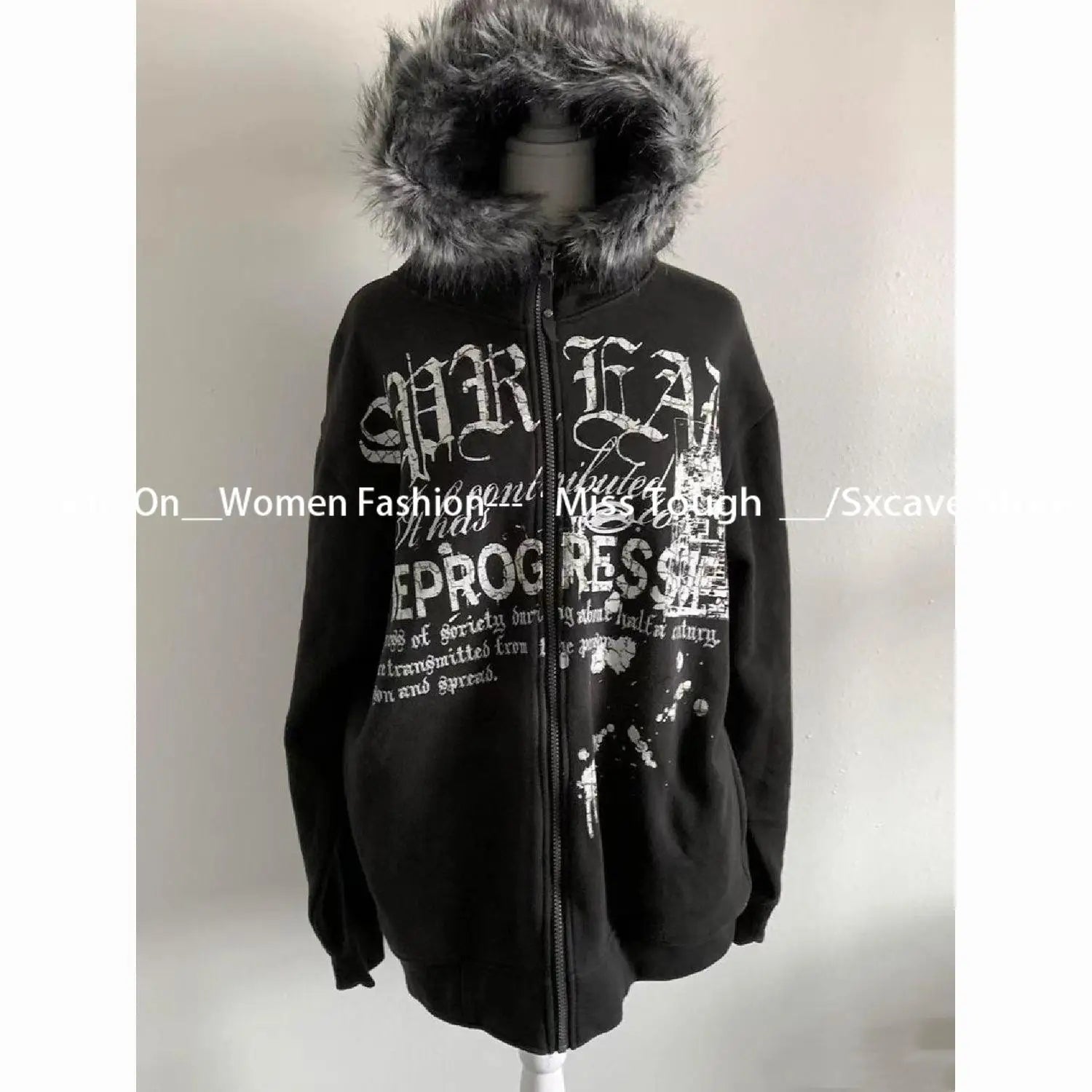 American Vintage Black Faux Fur Sweatshirts Women Letter Printed Subculture Coats with Hooded Female Gothic Harajuku Jackets Y2k Ghost District