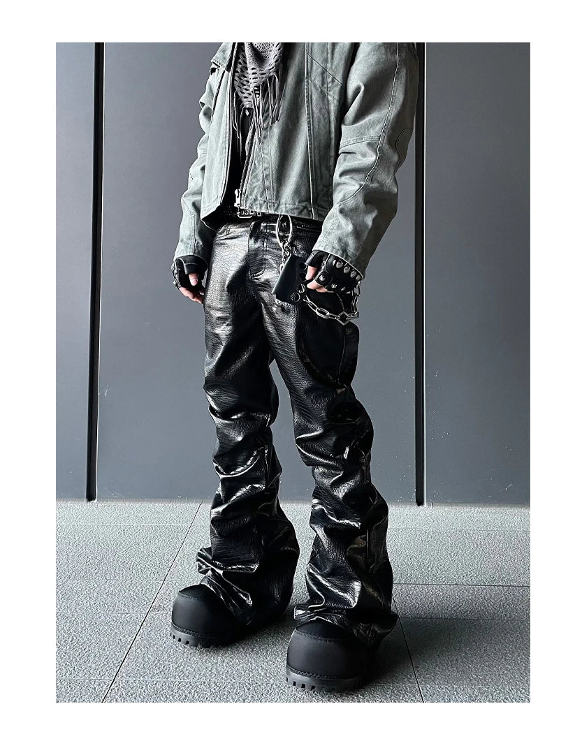 Mauroicardi Spring Autumn Cool Handsome Long Black Crocodile Print Pu Leather Pants for Men Luxury Designer Floor Length Clothes - Ghost District