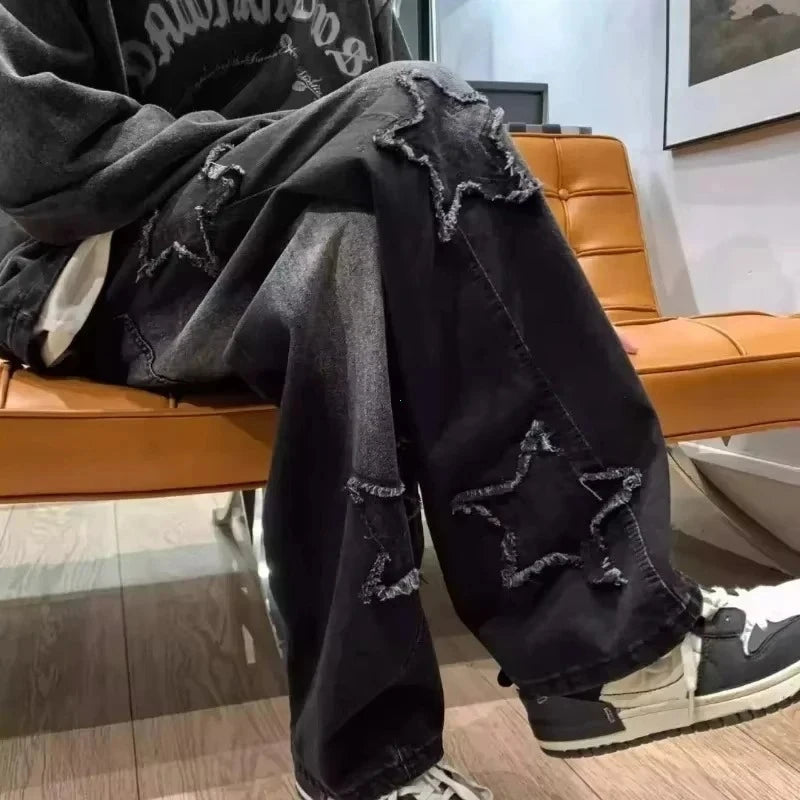 2025 New Fashion Stars Towel Embroidery Brown Men Jeans Pants Y2K Clothes Straight Hip Hop Cotton Trousers Pantalon Homme - Ghost District
