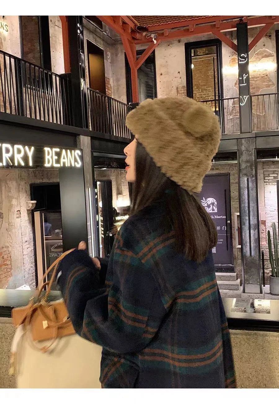 Cute Bear Knit Hat for Women Winter Thickened Fluffy Warm Fleece Beanie Oversized Head Wrap Chunky Crochet Cap Autumn Winter - Ghost District