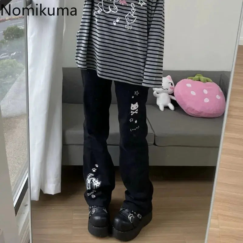Japanese Y2k Pants Women Streetwear Skull Print Black Pantalon Femme Elastic Waist Casual Fashion Trousers 2025 New Bottoms - Ghost District
