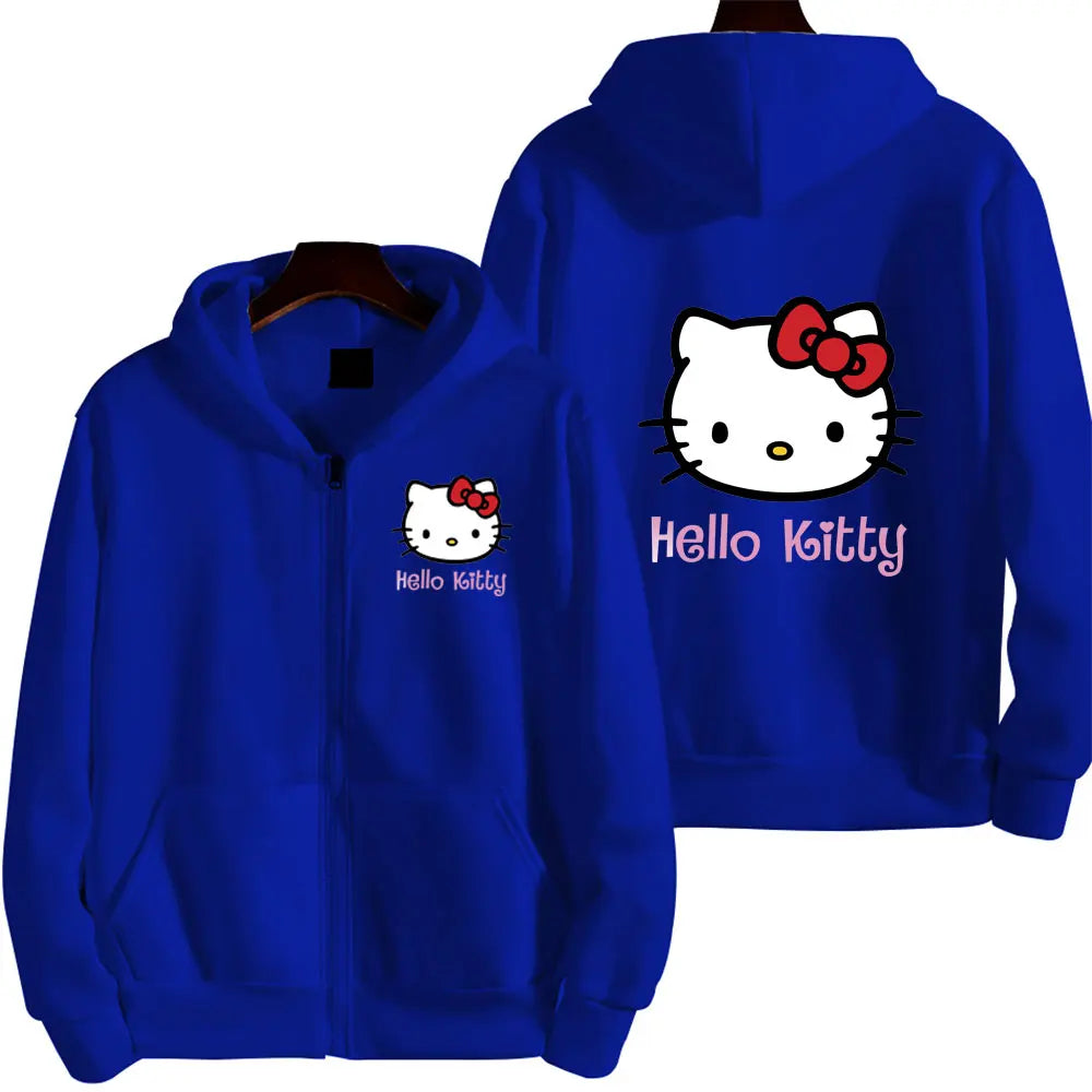 Women's Zipper Hoodie Autumn and Winter New Cute Kawaii Sanrio Hello Kitty Pattern Sweatshirt 2024 Streetwear Women's Clothing Ghost District