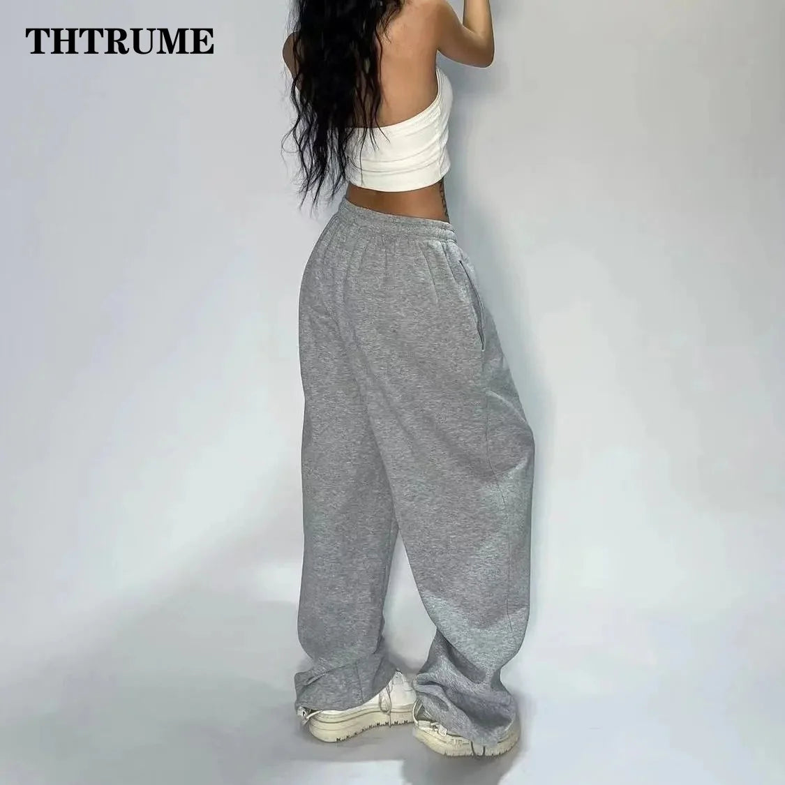Casual Women Solid New Pant Fashion Summer Oversized Vintage Pocket Drawstring Wide Leg Pants Elegant Loose Baggy Chic Trousers Ghost District