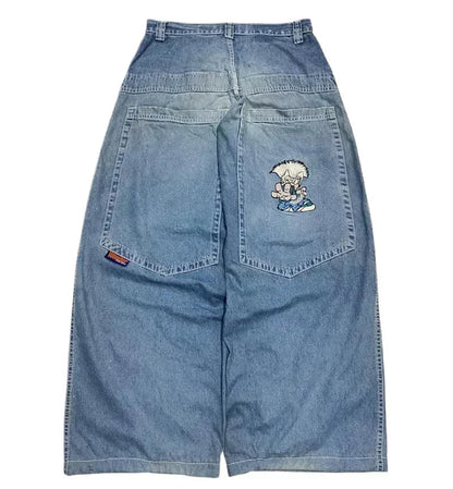 American Trend Retro Gothic Embroidery Graphics Washed Baggy Jeans Women's Y2K New Harajuku Hip-Hop Punk Rock Couple Street Wear Ghost District