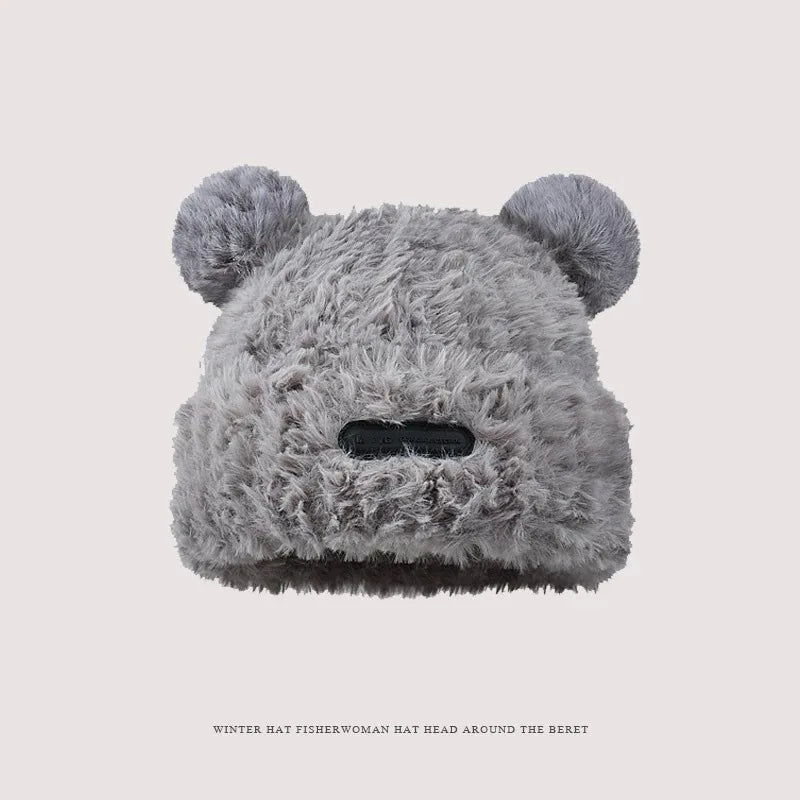 Cute Bear Knit Hat for Women Winter Thickened Fluffy Warm Fleece Beanie Oversized Head Wrap Chunky Crochet Cap Autumn Winter - Ghost District