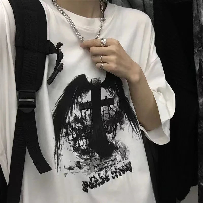 Men T-shirts 2023 Summer Streetwear High Street Gothic Skull Tshirt Loose Oversized Short-sleeved T shirt Dark Anime Men Y2k Top Ghost District