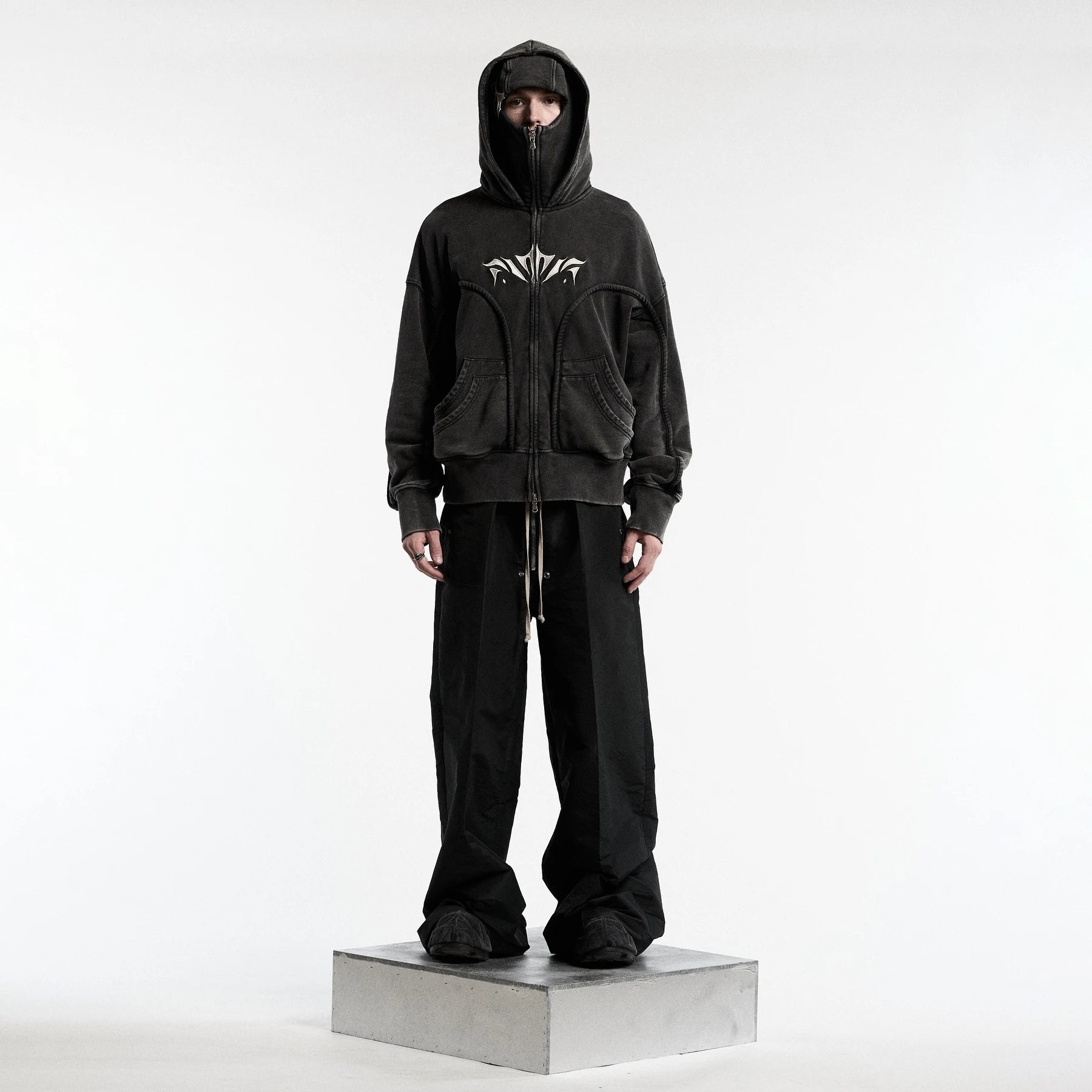 Y2K Ninja Hoodie Gothic Trendy Double Hat Design Functional Streetwear Vintage High Street Men Women Oversized Casual Pullover Ghost District