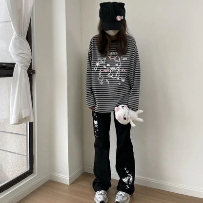 Japanese Y2k Pants Women Streetwear Skull Print Black Pantalon Femme Elastic Waist Casual Fashion Trousers 2025 New Bottoms - Ghost District
