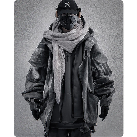Unisex High Street Functional Cargo Jacket Techwear Fake two-piece Tactical Windbreaker Coats Streetwear Men's clothing Oversize - Ghost District