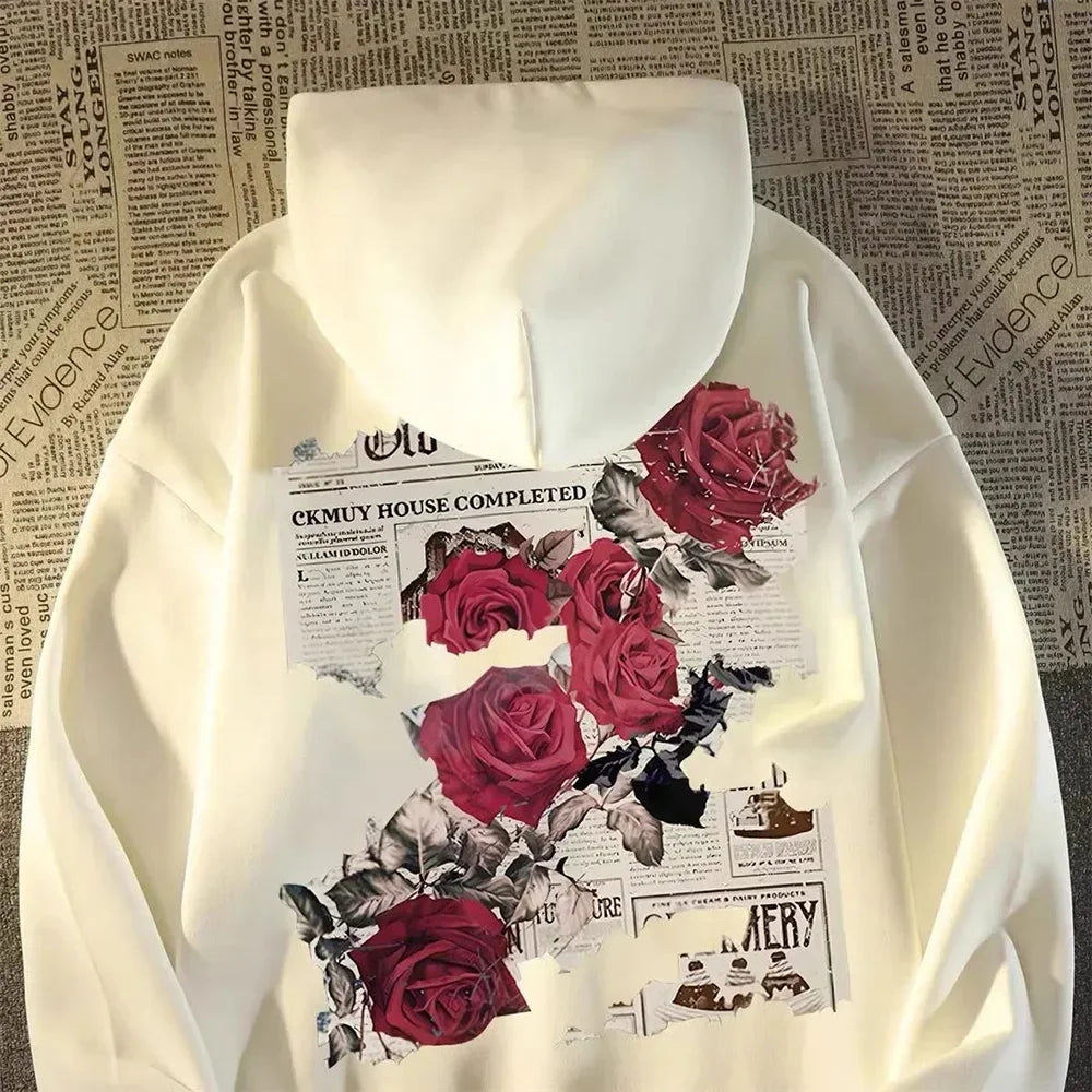 Hoodie Men Graphic Vivid Rose Print Cotton Hoodies American Retro Personality Streetwear Casual Hooded Sweatshirt Men's Clothing - Ghost District