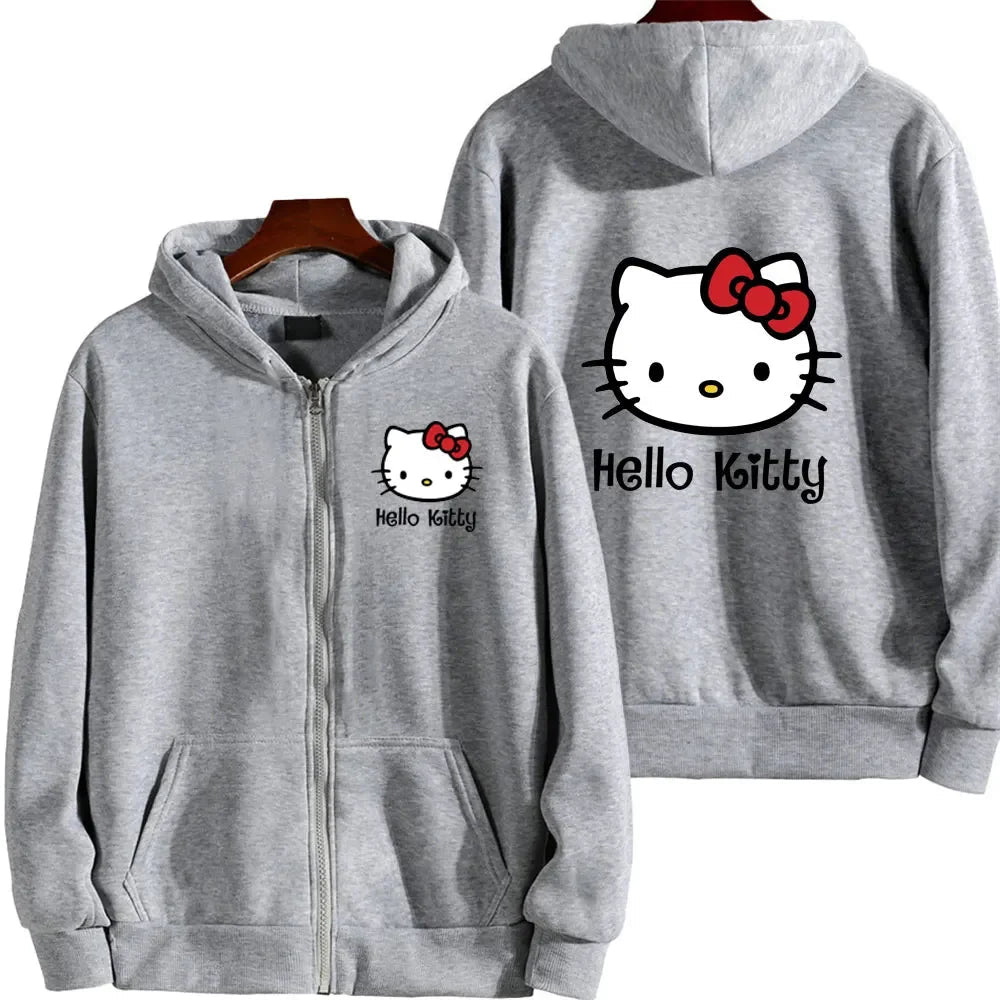 Women's Zipper Hoodie Autumn and Winter New Cute Kawaii Sanrio Hello Kitty Pattern Sweatshirt 2024 Streetwear Women's Clothing Ghost District