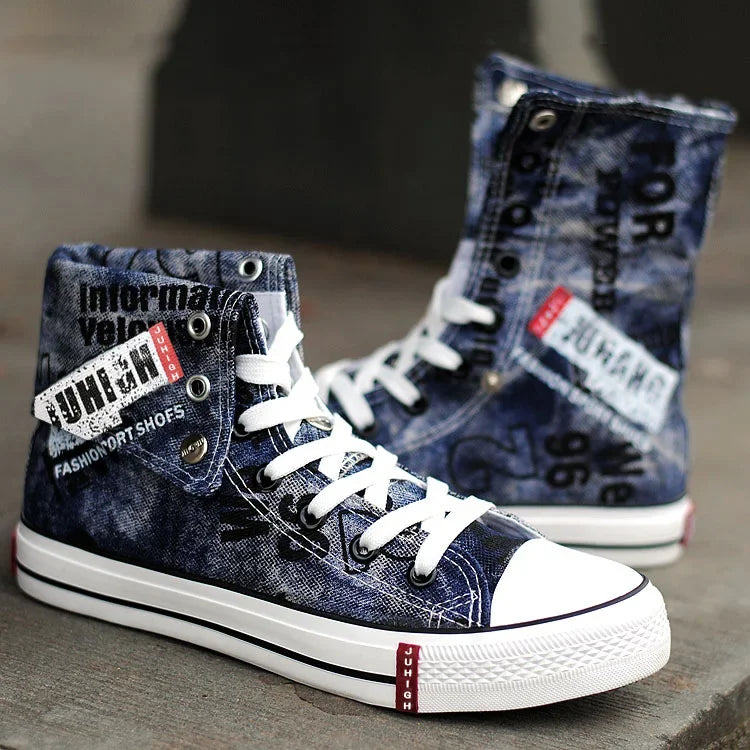 Print Denim Shoes for Men High Top Canvas Shoes Lace-up Flat Street Hip Hop Men Shoes Western Male Cowboy Boots Tenis Masculino - Ghost District