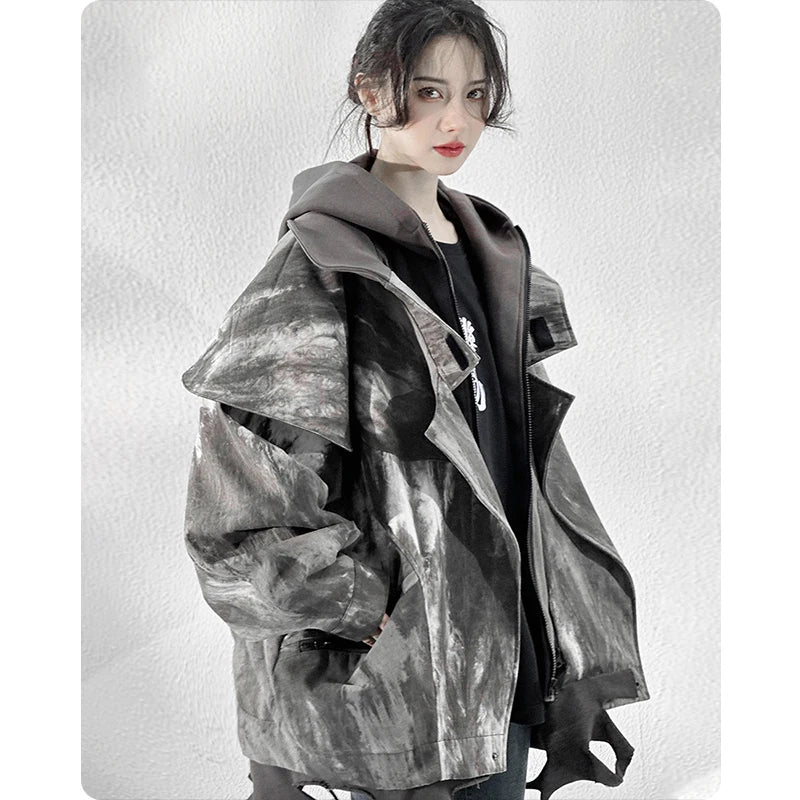 Unisex High Street Functional Cargo Jacket Techwear Fake two-piece Tactical Windbreaker Coats Streetwear Men's clothing Oversize - Ghost District