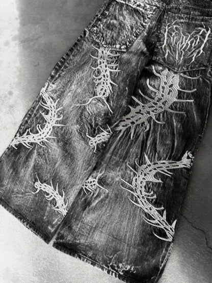 American Trend Retro Gothic Embroidery Graphics Washed Baggy Jeans Women's Y2K New Harajuku Hip-Hop Punk Rock Couple Street Wear Ghost District