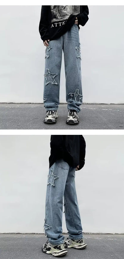 2025 New Fashion Stars Towel Embroidery Brown Men Jeans Pants Y2K Clothes Straight Hip Hop Cotton Trousers Pantalon Homme - Ghost District