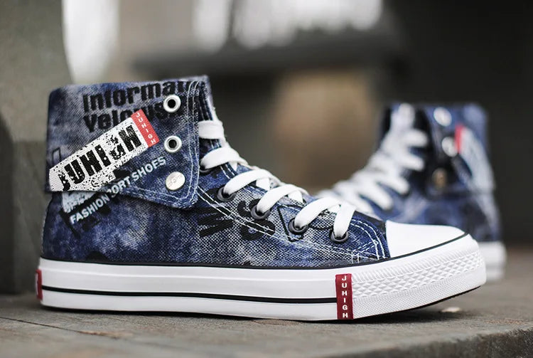 Print Denim Shoes for Men High Top Canvas Shoes Lace-up Flat Street Hip Hop Men Shoes Western Male Cowboy Boots Tenis Masculino - Ghost District