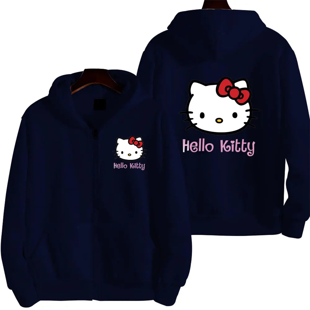 Women's Zipper Hoodie Autumn and Winter New Cute Kawaii Sanrio Hello Kitty Pattern Sweatshirt 2024 Streetwear Women's Clothing Ghost District