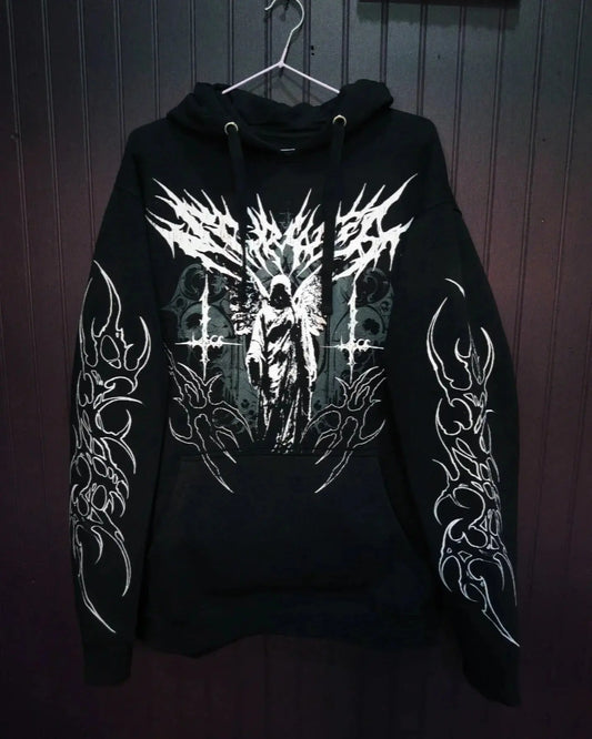 Y2K Mens Black Hoodie with White Angel Spike Graphic Street Punk Style Long Sleeve Pullover Trendy Heavy Metal Fashion - Ghost District