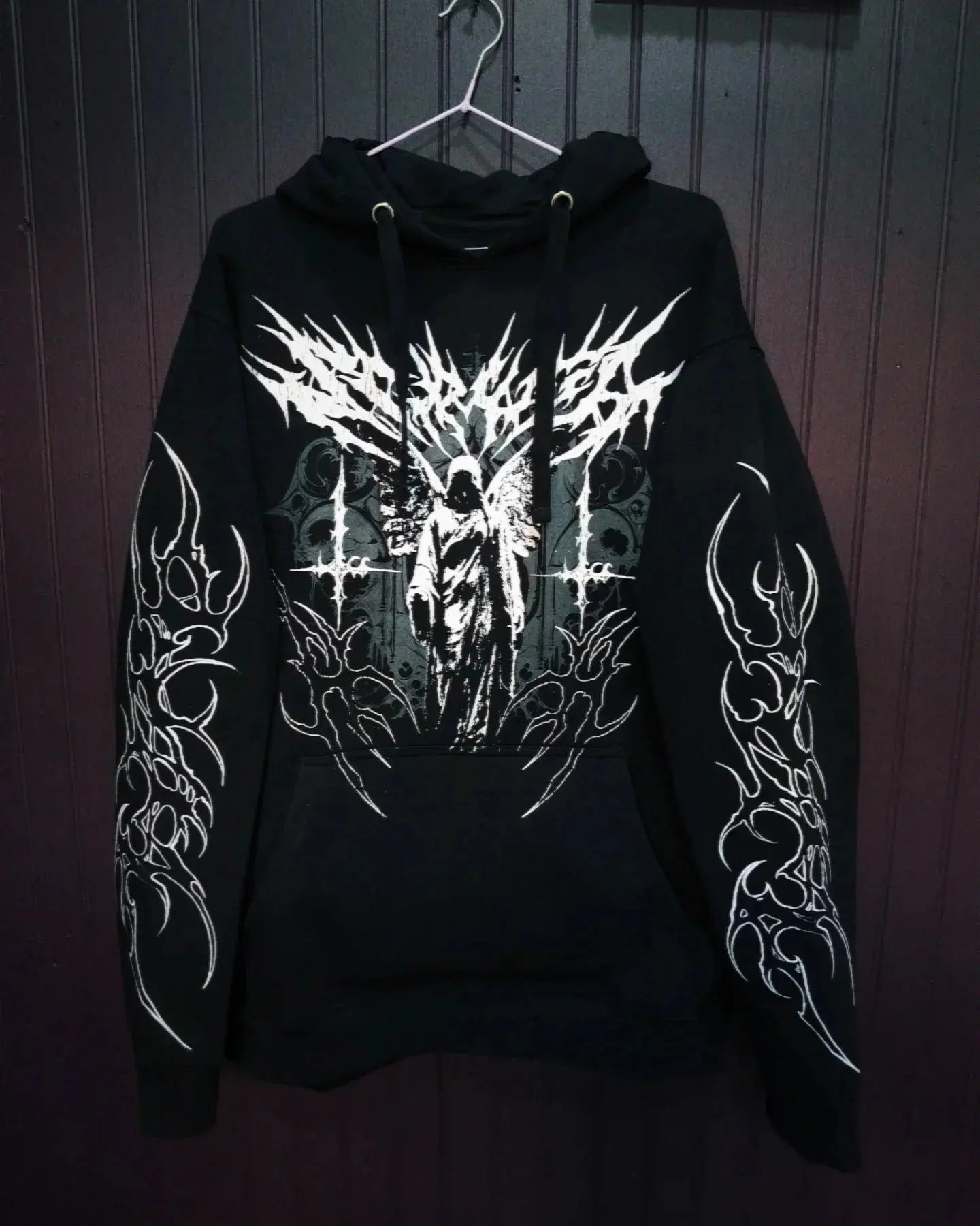 Y2K Harajuku Gothic Style White Oversized Hoodie with Intricate Skull Graphic Print Elaborate Holy Writ Script Design Streetwear - Ghost District