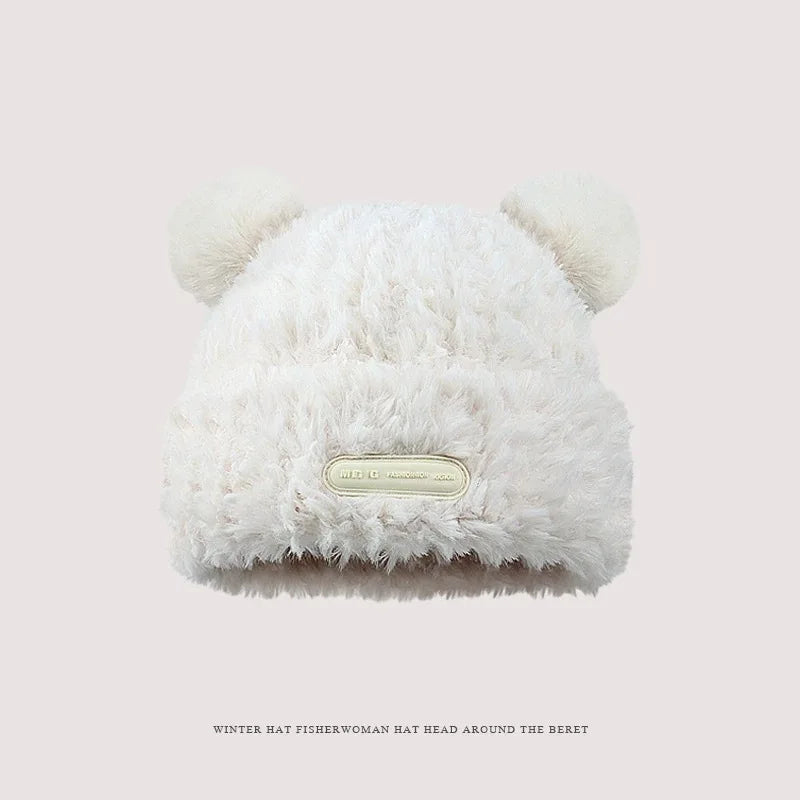 Cute Bear Knit Hat for Women Winter Thickened Fluffy Warm Fleece Beanie Oversized Head Wrap Chunky Crochet Cap Autumn Winter - Ghost District