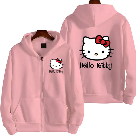 Women's Zipper Hoodie Autumn and Winter New Cute Kawaii Sanrio Hello Kitty Pattern Sweatshirt 2024 Streetwear Women's Clothing Ghost District