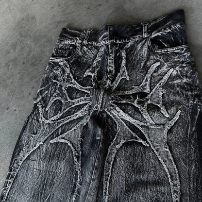 Gothic Retro Oversized Baggy Fit Unisex Mopping Pants Y2K Phantom Jeans High Street Spider Embroidered Patch Hip Hop Streetwear Ghost District