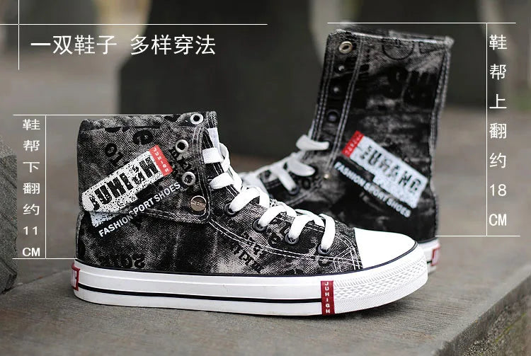 Print Denim Shoes for Men High Top Canvas Shoes Lace-up Flat Street Hip Hop Men Shoes Western Male Cowboy Boots Tenis Masculino - Ghost District
