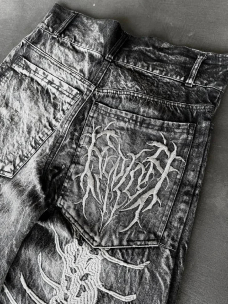 American Trend Retro Gothic Embroidery Graphics Washed Baggy Jeans Women's Y2K New Harajuku Hip-Hop Punk Rock Couple Street Wear Ghost District