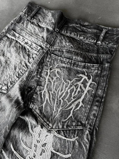 American Trend Retro Gothic Embroidery Graphics Washed Baggy Jeans Women's Y2K New Harajuku Hip-Hop Punk Rock Couple Street Wear Ghost District