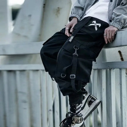 Techwear Ribbons Tactical Cargo Baggy Pants Jogger Men Casual Letter Hip Hop Teenager Sweatpants Joggers Cropped Pants For Men - Ghost District