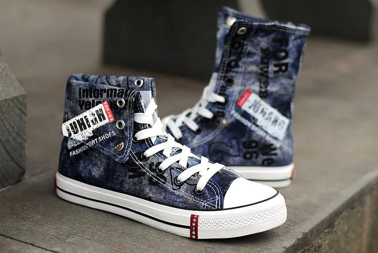 Print Denim Shoes for Men High Top Canvas Shoes Lace-up Flat Street Hip Hop Men Shoes Western Male Cowboy Boots Tenis Masculino - Ghost District